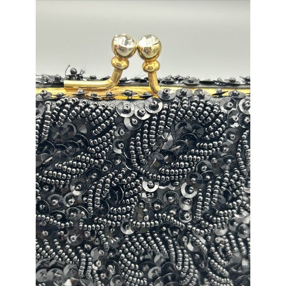 Evening Bag Black Beaded Kiss Lock Rhinestones Gold Chain Sequins See Photos Vtg - Picture 11 of 12